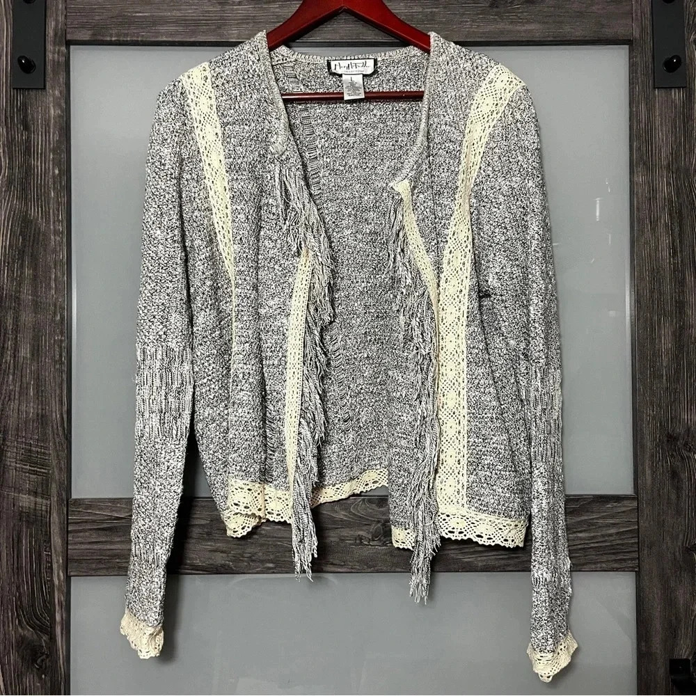 Mary McFadden Tweed Open Front Cardigan Lace Trim & Fringe Details Women's L - Picture 2 of 10